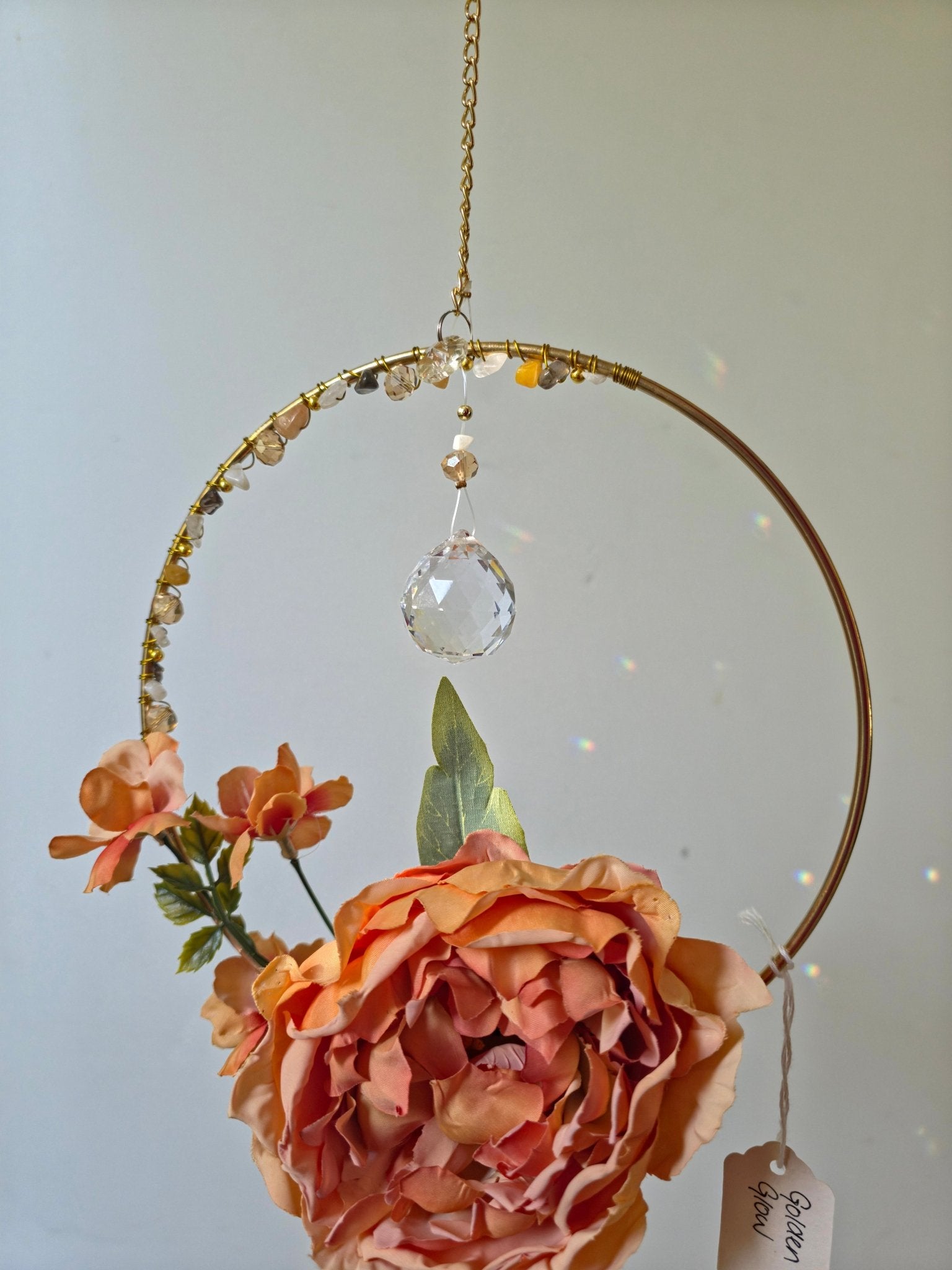 Golden Glow handmade Peach Aventurine, Smokey Quartz, Moonstone and Clear Quartz crystal suncatcher in a gold hoop