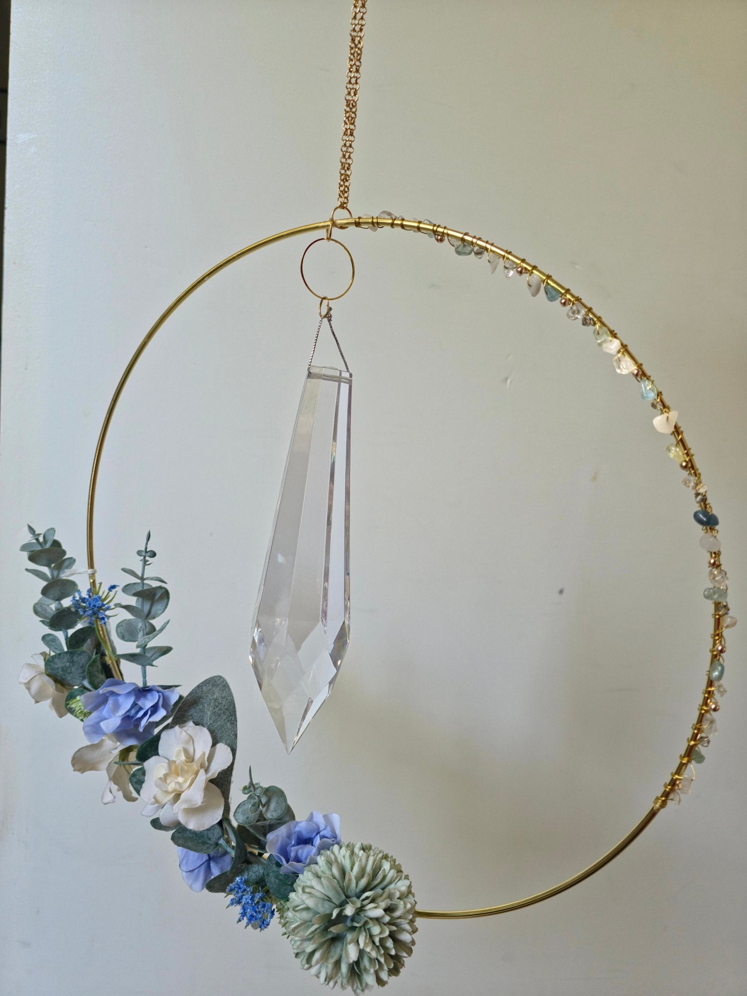 Quiet Drift handmade Morganite Moonstone and Clear Quartz crystal suncatcher in a gold hoop